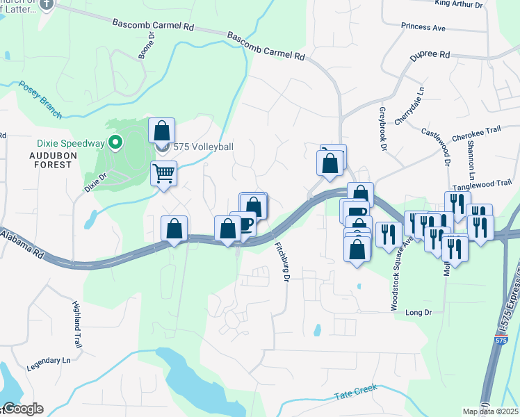 map of restaurants, bars, coffee shops, grocery stores, and more near 313 Woodson Way in Woodstock
