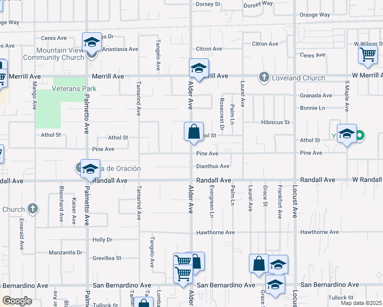 map of restaurants, bars, coffee shops, grocery stores, and more near Alder Avenue in Fontana