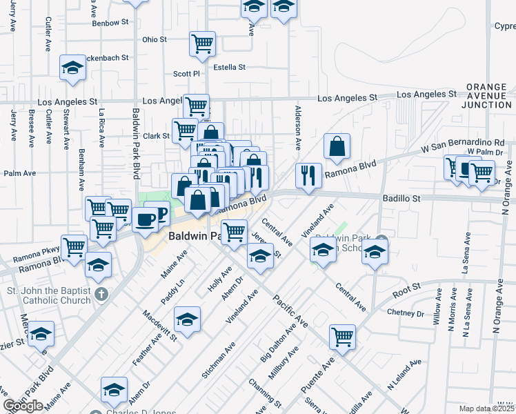 map of restaurants, bars, coffee shops, grocery stores, and more near 14607 Ramona Boulevard in Baldwin Park