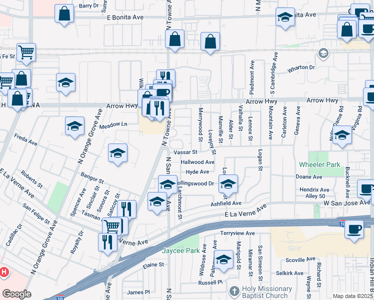 map of restaurants, bars, coffee shops, grocery stores, and more near 2405 Highland Pines Road in Pomona