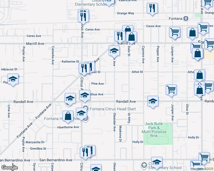 map of restaurants, bars, coffee shops, grocery stores, and more near 16265 Pine Avenue in Fontana