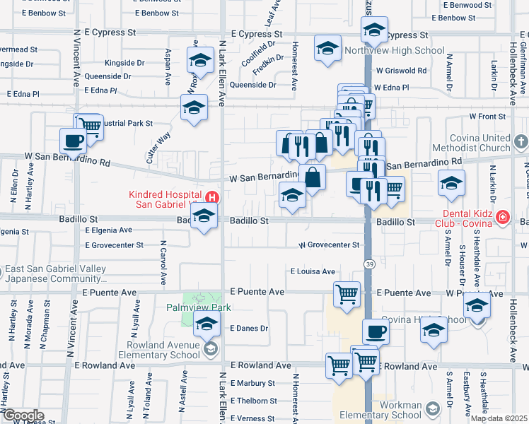 map of restaurants, bars, coffee shops, grocery stores, and more near 1130 West San Bernardino Road in Covina