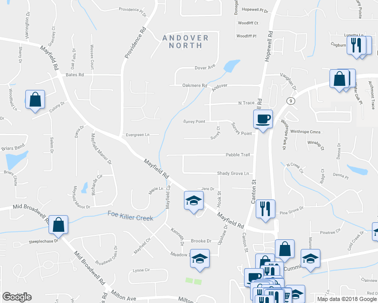 map of restaurants, bars, coffee shops, grocery stores, and more near 265 Pebble Trail in Alpharetta
