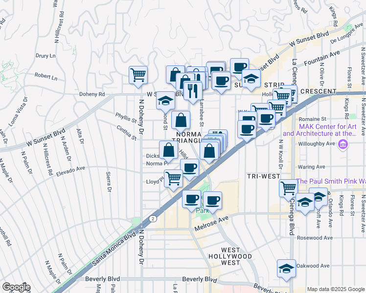 map of restaurants, bars, coffee shops, grocery stores, and more near 880 Hilldale Avenue in West Hollywood