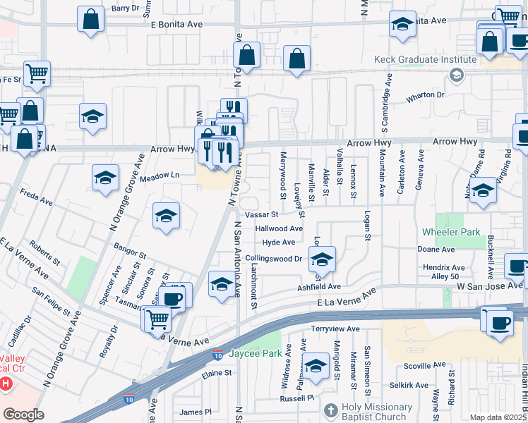 map of restaurants, bars, coffee shops, grocery stores, and more near 2405 Highland Pines Road in Pomona