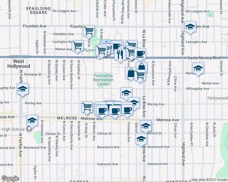 map of restaurants, bars, coffee shops, grocery stores, and more near 852 North Poinsettia Place in Los Angeles