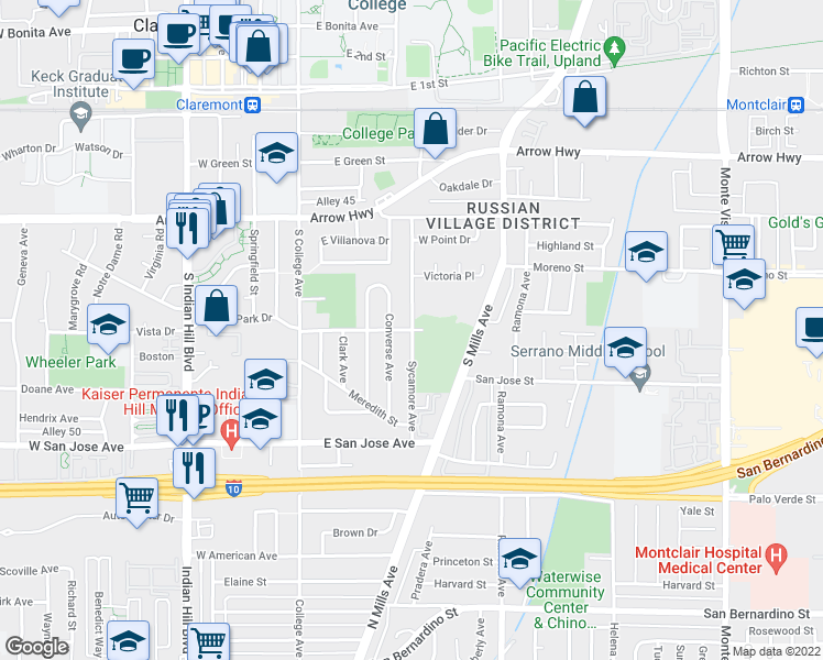 map of restaurants, bars, coffee shops, grocery stores, and more near Sycamore Avenue in Claremont