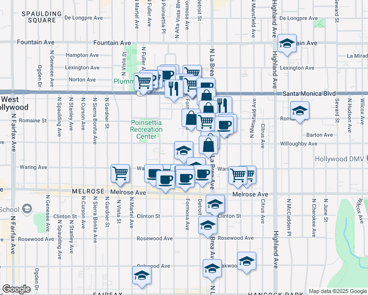 map of restaurants, bars, coffee shops, grocery stores, and more near 853 North Formosa Avenue in Los Angeles