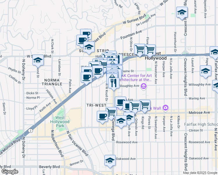 map of restaurants, bars, coffee shops, grocery stores, and more near 868 North West Knoll Drive in West Hollywood