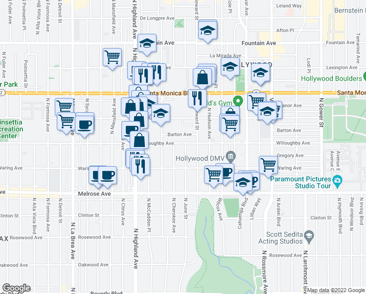 map of restaurants, bars, coffee shops, grocery stores, and more near 853 North June Street in Los Angeles