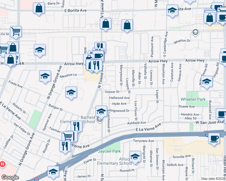 map of restaurants, bars, coffee shops, grocery stores, and more near 2405 Highland Pines Road in Pomona