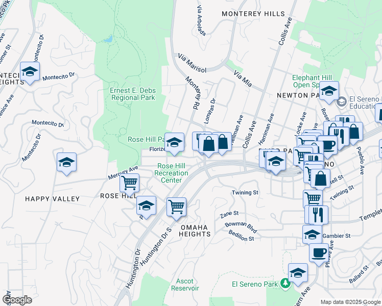 map of restaurants, bars, coffee shops, grocery stores, and more near 3545 Monterey Road in Los Angeles