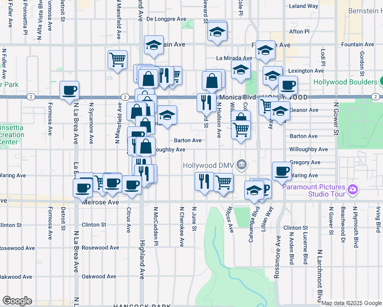 map of restaurants, bars, coffee shops, grocery stores, and more near 853 North June Street in Los Angeles