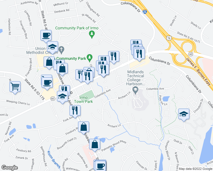 map of restaurants, bars, coffee shops, grocery stores, and more near 107 Tuscany Court in Irmo