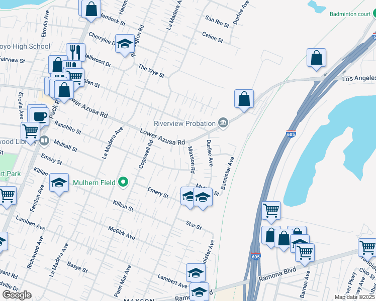 map of restaurants, bars, coffee shops, grocery stores, and more near 12133 Lower Azusa Road in El Monte