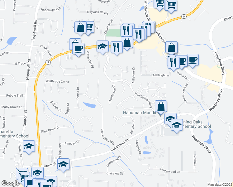 map of restaurants, bars, coffee shops, grocery stores, and more near 8040 Henderson Court in Alpharetta