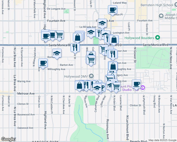 map of restaurants, bars, coffee shops, grocery stores, and more near 850 Wilcox Avenue in Los Angeles