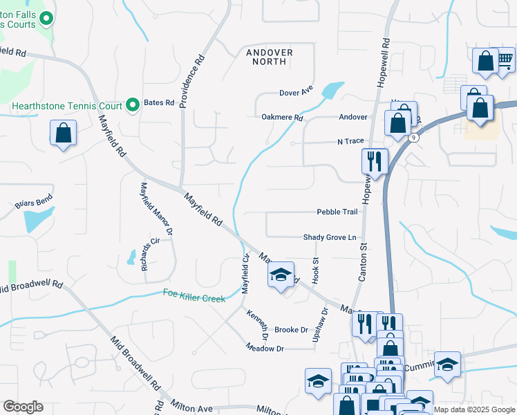 map of restaurants, bars, coffee shops, grocery stores, and more near 295 Pebble Trail in Alpharetta