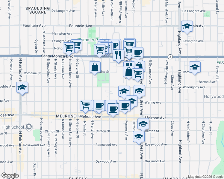 map of restaurants, bars, coffee shops, grocery stores, and more near 852 North Poinsettia Place in Los Angeles