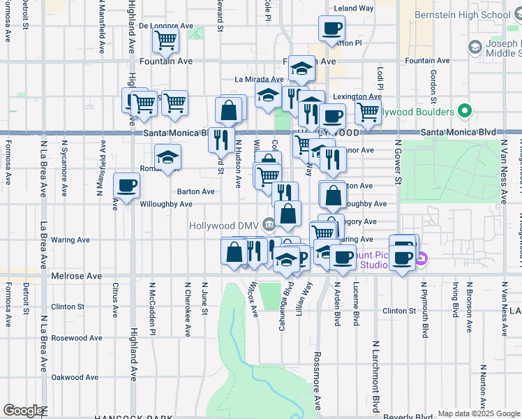 map of restaurants, bars, coffee shops, grocery stores, and more near 850 Wilcox Avenue in Los Angeles
