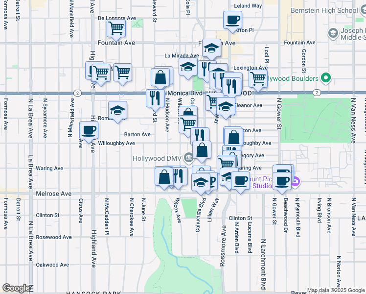 map of restaurants, bars, coffee shops, grocery stores, and more near in West Hollywood