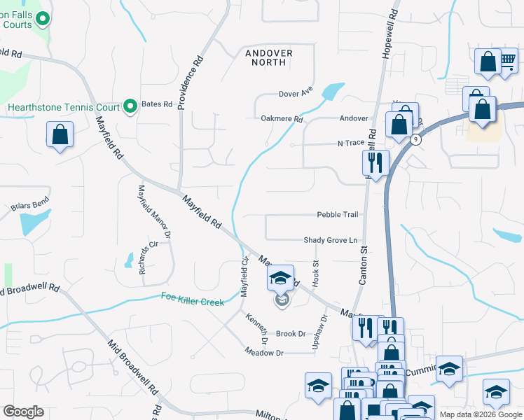 map of restaurants, bars, coffee shops, grocery stores, and more near 285 Pebble Trail in Alpharetta