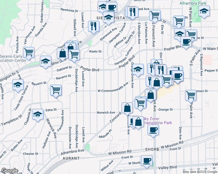 map of restaurants, bars, coffee shops, grocery stores, and more near 418 Winthrop Drive in Alhambra