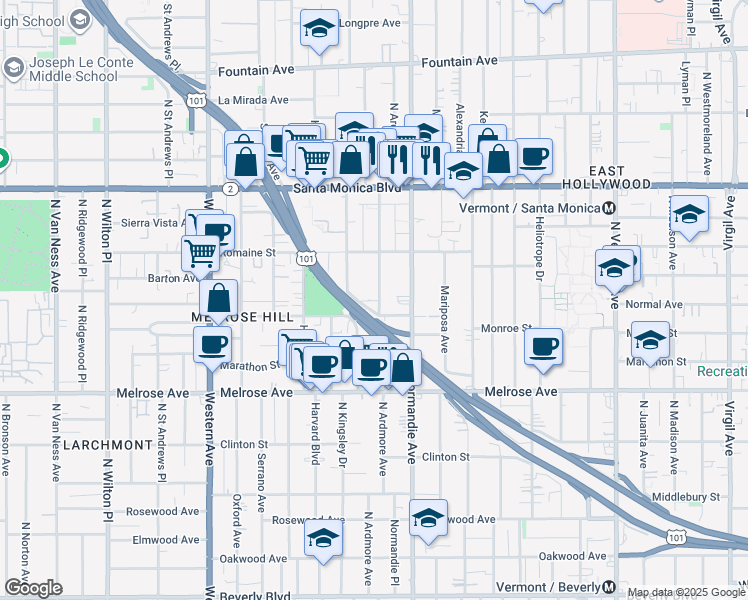 map of restaurants, bars, coffee shops, grocery stores, and more near 947 1/2 North Ardmore Avenue in Los Angeles