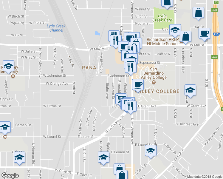 map of restaurants, bars, coffee shops, grocery stores, and more near 1653 Jantzen Drive in Colton