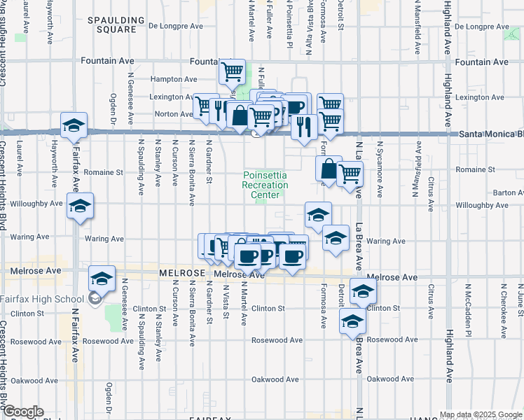 map of restaurants, bars, coffee shops, grocery stores, and more near 857 North Fuller Avenue in Los Angeles