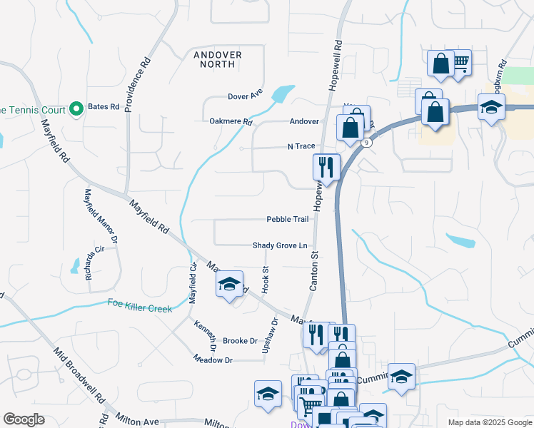 map of restaurants, bars, coffee shops, grocery stores, and more near 185 Pebble Trail in Alpharetta