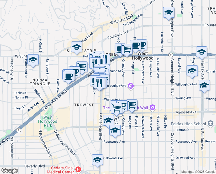 map of restaurants, bars, coffee shops, grocery stores, and more near 851 North Alfred Street in West Hollywood
