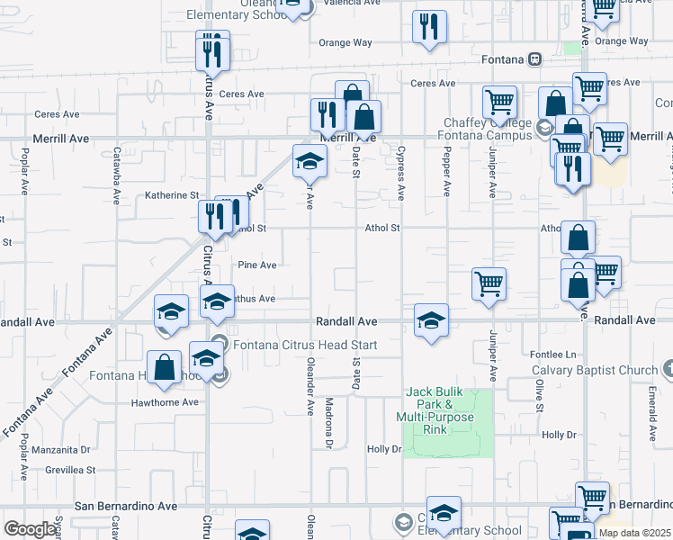 map of restaurants, bars, coffee shops, grocery stores, and more near 9154 Date Street in Fontana