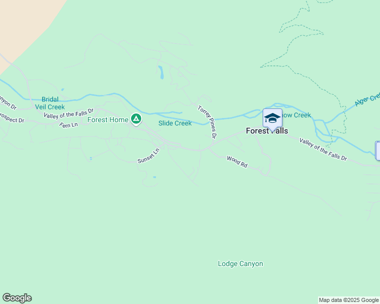 map of restaurants, bars, coffee shops, grocery stores, and more near 40211 Valley of the Falls Drive in Forest Falls