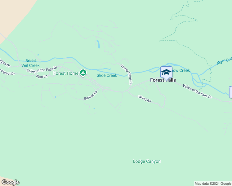 map of restaurants, bars, coffee shops, grocery stores, and more near 40211 Valley of the Falls Drive in Forest Falls