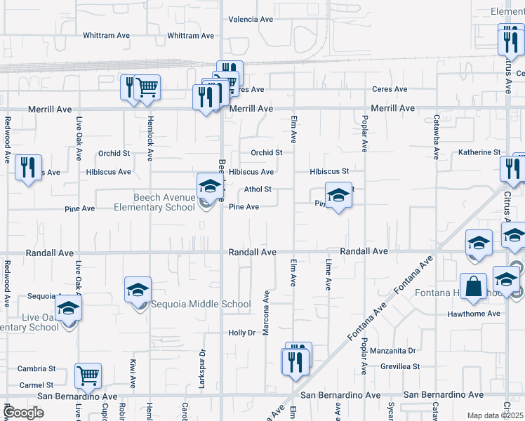 map of restaurants, bars, coffee shops, grocery stores, and more near 15413 Pine Avenue in Fontana