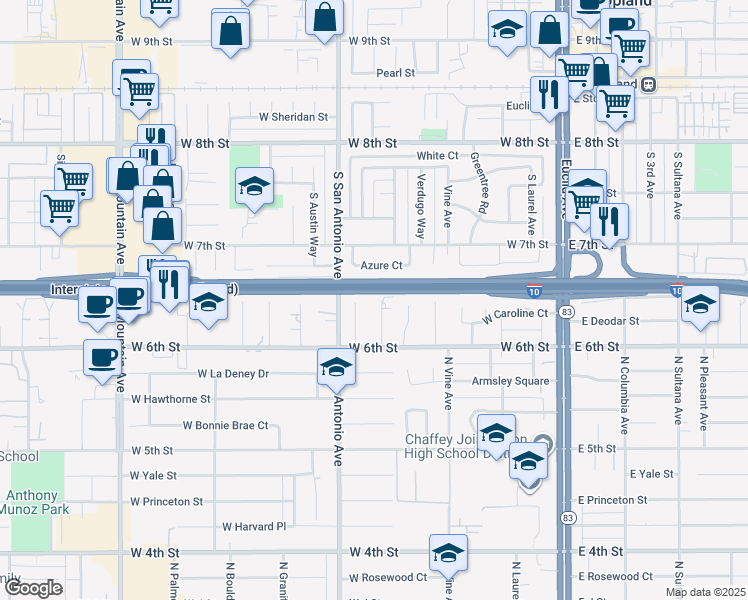 map of restaurants, bars, coffee shops, grocery stores, and more near 1557 North Beverly Court in Ontario