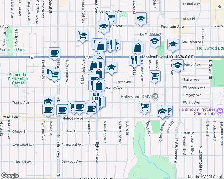 map of restaurants, bars, coffee shops, grocery stores, and more near 929 North Las Palmas Avenue in Los Angeles