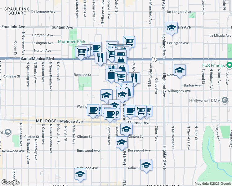 map of restaurants, bars, coffee shops, grocery stores, and more near 7165 Willoughby Avenue in Los Angeles