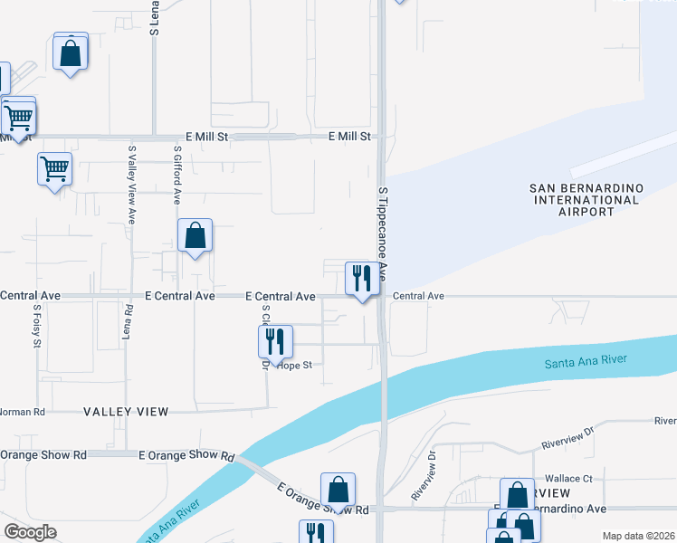 map of restaurants, bars, coffee shops, grocery stores, and more near East Santa Fe Street in San Bernardino