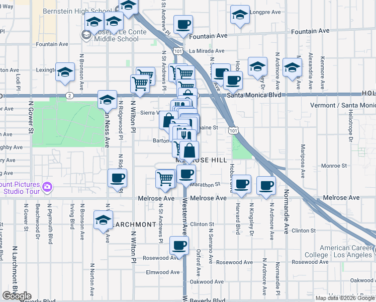 map of restaurants, bars, coffee shops, grocery stores, and more near 929 1/2 North Western Avenue in Los Angeles