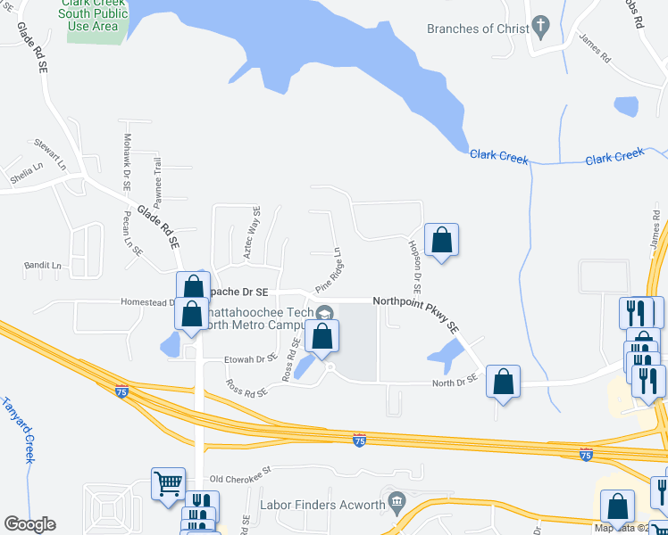 map of restaurants, bars, coffee shops, grocery stores, and more near 5355 Pine Ridge Lane in Acworth