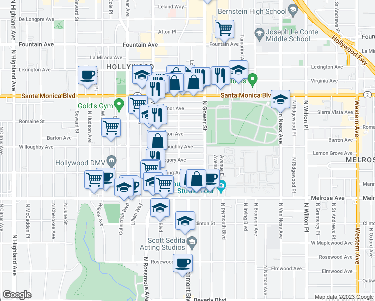 map of restaurants, bars, coffee shops, grocery stores, and more near 5819 Willoughby Avenue in Los Angeles