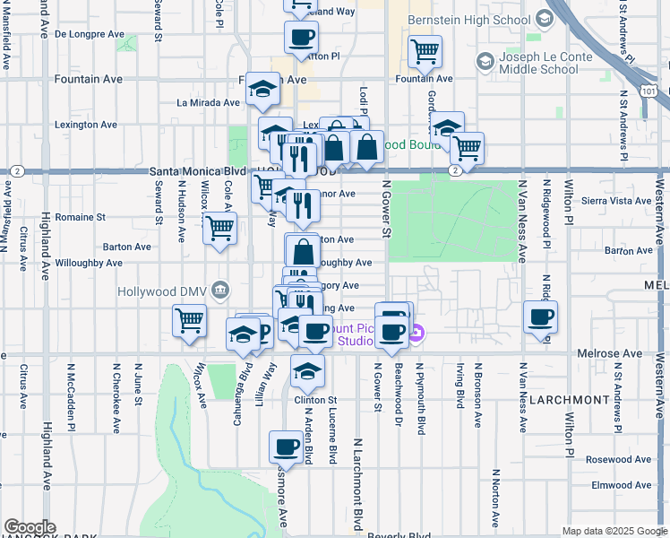 map of restaurants, bars, coffee shops, grocery stores, and more near 910 North El Centro Avenue in Los Angeles