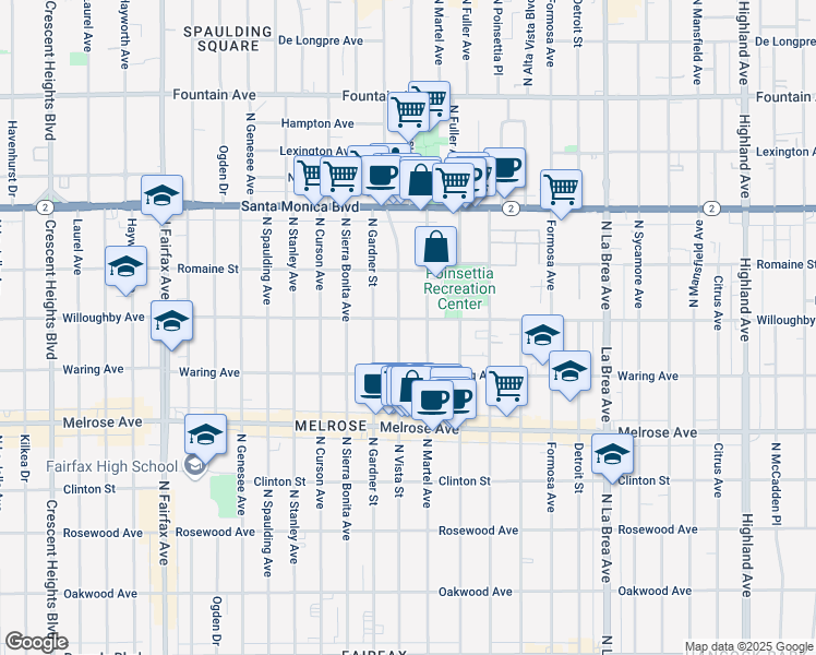 map of restaurants, bars, coffee shops, grocery stores, and more near 852 North Vista Street in Los Angeles