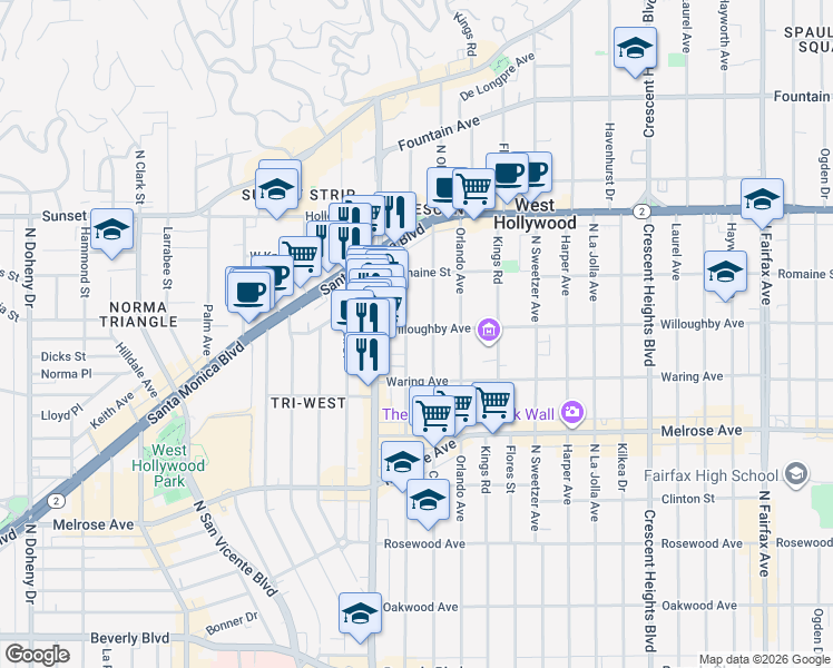 map of restaurants, bars, coffee shops, grocery stores, and more near 911 North Alfred Street in Los Angeles