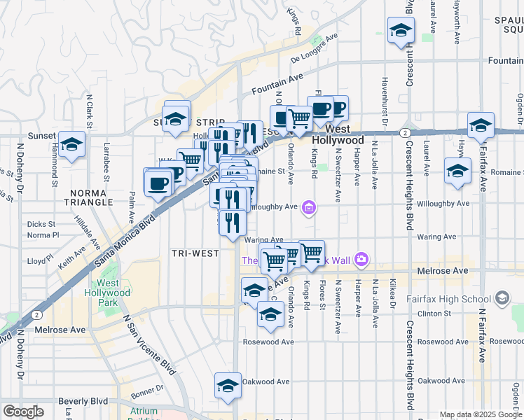 map of restaurants, bars, coffee shops, grocery stores, and more near 911 North Alfred Street in Los Angeles