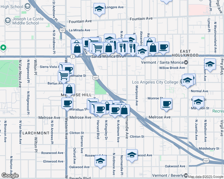 map of restaurants, bars, coffee shops, grocery stores, and more near 947 1/2 North Ardmore Avenue in Los Angeles