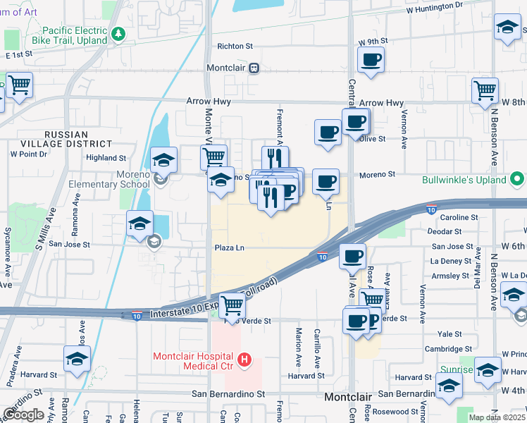 map of restaurants, bars, coffee shops, grocery stores, and more near 5133 North Montclair Plaza Lane in Montclair