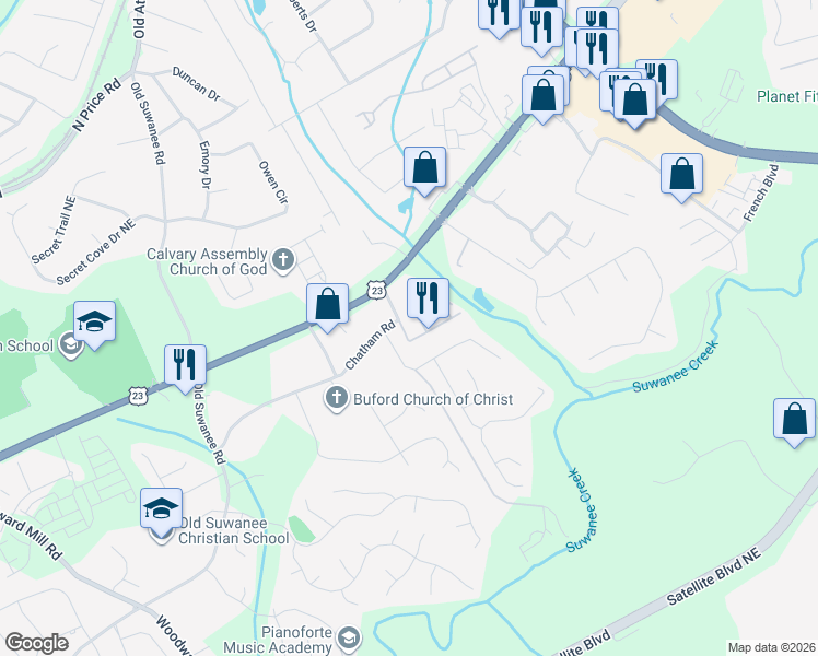 map of restaurants, bars, coffee shops, grocery stores, and more near 4247 Chatham Ridge Drive in Buford